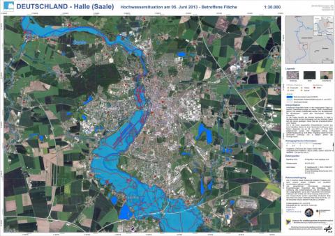Hochwasser 2013 - betroffene Flächen in Halle (Saale) am 5.6.2013